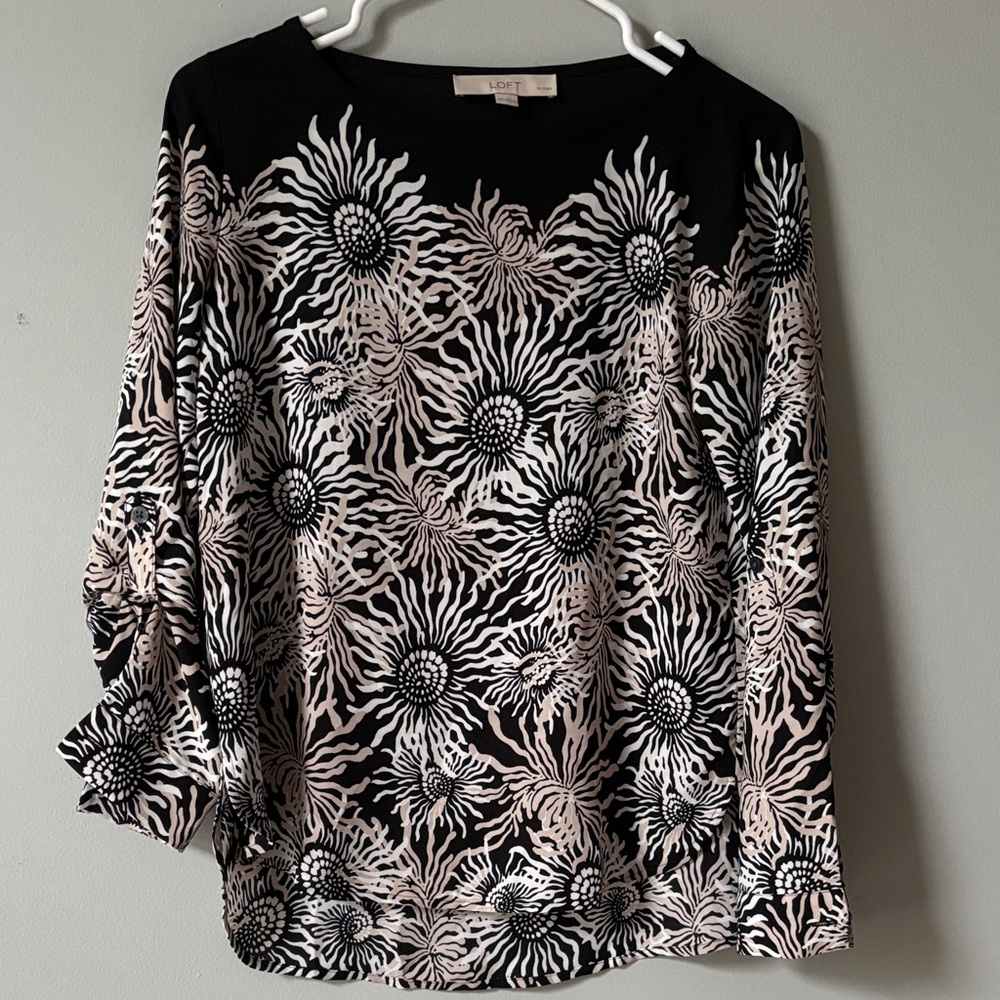 LOFT Black and Cream Floral Blouse